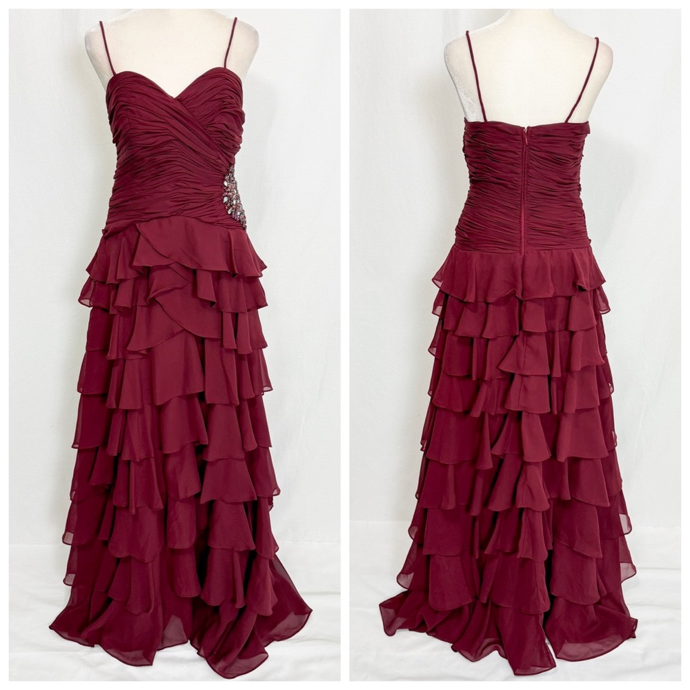 Vintage Y2K Burgundy Prom Dress with Ruffle Skirt